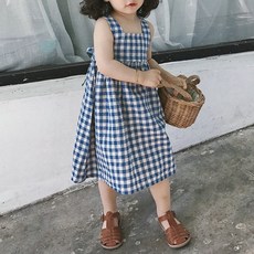 구빠방 아동 여아 체크 패턴 민소매 나시 백리본 원피스