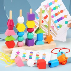 形狀認知玩具 積木玩具 寶寶早教玩具 木制兒童益智串珠 顏色感官玩具 序列教具 益智遊戲, 1個, 五彩穿繩套柱