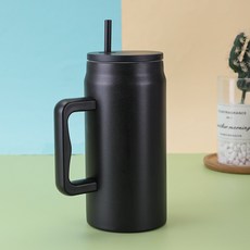 不鏽鋼真空保溫杯 大容量 304材質 50OZ 便攜杯 汽車杯 手柄設計 辦公室 戶外 運動水壺+黑色+50oz, 1個, 1L, 黑色:50oz