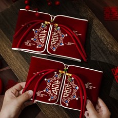 臺灣*出貨 結婚萬元紅包改口敬茶費紅包布袋高檔刺繡布藝利是封訂婚禮大紅包, 1個, 刺繡高端布藝紅包【花開並蒂】橫版單個裝,刺繡高端-萬元布藝紅包【喜事】可裝3萬