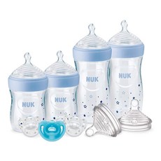NUK Simply Natural 아기 젖병과 SafeTemp 선물 세트 - 병 4개 젖꼭지 3개 교체용 젖병 2개 포함. 174285, 9 Pack, Blue