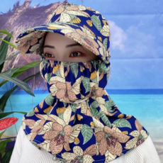 春夏新款綿綢碎花防曬遮陽帽 全遮臉防風防塵防護帽, 長款碎花帽-藍色, 均碼