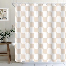 Cinbloo 레트로 세이지 그린 체크 무늬 48Wx72H 샤워 커튼 좁은 추상 Y2K 귀여운 베이지 체커보드 그리드 그루비 웨이브 클래식 욕실 세트 미니멀리스트 액세서리 장식, D-베이지