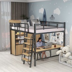 2층침대선반 다기능 단철 장식 다락방 인테리어, 블랙 왼쪽 캐비닛 오른쪽 전면 사다리