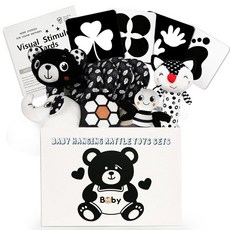 0-6개월 아기용 카시트 장난감 아기 침대 모빌용 걸이용 딸랑이 장난감 아기 나선형 걸이식 유모차 블랙 앤 화이트 고대비 장난감 0 3 6 9 12개월 아기 남아 여아 (고, Set-2