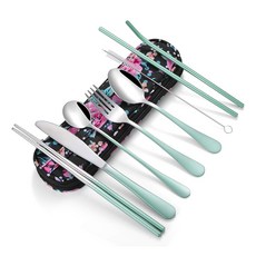 여행 도구 재사용 가능한 은식기 세트 도시락용 방수 휴대용 케이스 포함 식기 세트 직장 캠핑 피크닉 (보라색), Gradient Green + TeaSpoon