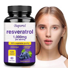 Coolkin 트랜스레스베라트롤 1000mg 노화 방지 두뇌 및 심장 건강 지원 60/120 캡슐, 2개, 60정