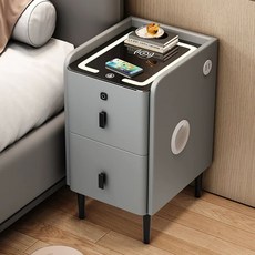 멀티 협탁 침대 석판-기능적 스마트침대 옆 다기능 조립(스스로 침실 테이블 40x40x5, 1개, AU. 밝은 회색 둥근 원목 무선 충전기 + 3색 조명