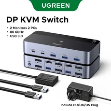 UGREEN DP KVM 스위치 2 모니터 8K 60Hz USB 3.0 공유 키보드 마우스 HDR 노트북 데스크탑 프린터용, 01 8k DP KVM Kit