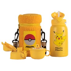 BEDDYBEAR 皮卡丘兒童保溫吸管杯，三種杯蓋，附毛絨杯套，可愛造型，安全材質, 黃色, 1個, 630ml