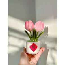 데스크 생화같은 공예 분재 꾸미기 차량용 대쉬보드 미니 인조식물 화분 다발 원예, 핑크 튤립 분재 파우치, 1개