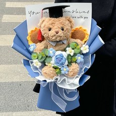 創意中高考向日葵毛線玫瑰花束可愛公仔熊玩偶手捧花兒童畢業禮物, 1個, 大號藍色畢業熊(送禮袋賀卡燈)