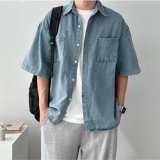 오버핏 여름 데님 반팔 셔츠 반팔티 남자투포켓워싱반팔셔츠