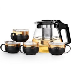 台灣熱銷 耐高溫玻璃泡茶壺耐熱玻璃水壺花茶壺加厚玻璃水杯茶具家用套裝, 900ml一壺4杯 黑（帶濾網）, 1個