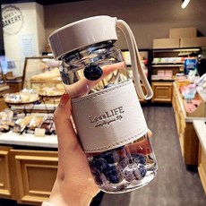 簡約杯子 加厚大容量韓版可愛玻璃杯 男女高顏值防燙簡約新款ins便攜泡茶杯, 灰色480ml+皮套+茶漏, 1個