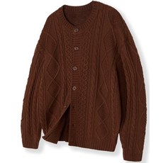 NODU 노드유 피셔맨 케이블 라운드넥 세미 오버핏 긴팔 니트 꽈배기 가디건 [브라운] 230678