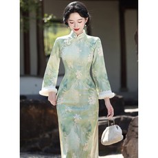 綠色加絨旗袍冬裝 保暖國風長袖長款連衣裙 復古氣質少女 新中式宴會禮服 氣質長裙 傳統服飾 民國風