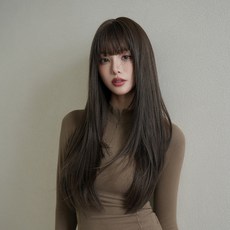 여성 긴 생머리 앞머리 있는 통머리 가발 자연스러운 가발, 1개, 쿨 브라운