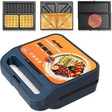 Sunvivi 3 in 1 샌드위치 메이커 탈착식 논스틱 플레이트가 있는 전기 와플 유리 상단이 1000W 파니니 프레스 그릴 시원한 터치 핸들 청소하기 쉬운 파란색, Blue-GlassTop-B
