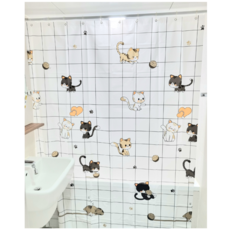 고양이 삼각형 방수 방오 럭셔리 샤워 커튼 150 x 200, 1개, 큐티 고양이