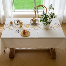 法式刺繡亞麻桌布 流蘇餐桌布 家用客廳餐廳 藝術氛圍感, 90cm*150cm × 青枝-咖＋流蘇 × 1個