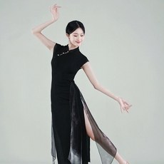 黑色彈力旗袍 古典舞練功服 高開叉表演服裝, 1個, Xl,黑色彈力旗袍送內搭褲