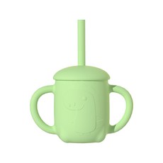 DFMEI 硅膠兒童餐具套裝嬰兒圍兜勺叉餐墊硅膠碗寶寶輔食碗餐盤七件套, 1個, 綠色吸管杯:如圖
