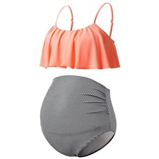 DEBELLY 임산부 비키니 세트 투피스 수영복 러플 여성용 수영복 하이 웨이스트 빈티지 임산부 수영복 블랙 화이트 꽃무늬 S, Medium, 오렌지 스트라이프