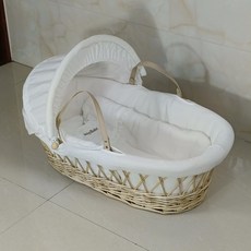 嬰兒提籃新生兒便攜式寶寶提籃嬰兒牀bb牀提籃玉米皮編織籃睡搖籃, 柳編籃米白夾綿均碼長83cm寬48cm高27cm