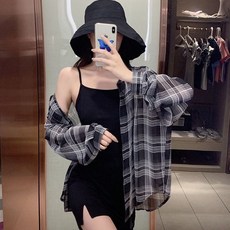 후암마켓 여성 자외선 차단 루즈핏 쉬폰 남방 긴팔 체크 셔츠