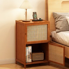 BIKASU 다용도 침실 대나무 협탁 거실 라탄 선반 1-3 단 서랍형 사이드테이블 겸 수납장, 2단, 원목 색상