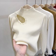 여성라인댄스복상의 진주 장식 반하이넥 니트 긴팔 슬림핏 겨울 트임 언밸런스 라틴 스포츠댄스