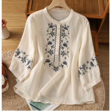 棉麻刺繡襯衫 文藝燈籠袖寬鬆休閒