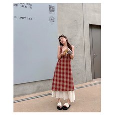 레이스업 체크무늬 서스펜더 원피스 여성용 봄 투피스 스타일 배색 디테일 미디 스커트