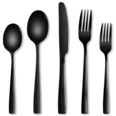 Vyndicca 블랙 실버웨어 세트 4인용 스테인리스 스틸 플랫웨어 세트 서비스 매트 광택 주방 용품 식품 등급 커틀러리 기구 가정 주방용 나이프 포크 스푼 포함 식기, Vyndicca 블랙 실버웨어 세트, 4인용 스테인리스