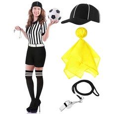 디데이 여성 카니발 할로윈 심판 의상 5종 벨트 모자 휘슬이 달린 유니폼 노란색 페널티 깃발 긴 양말, Medium