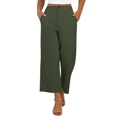Neer 여성용 면 리넨 팔라초 팬츠 캐주얼 와이드 레그 라운지 팬츠 여름 하이 웨이스트 하늘거리는 주머니 있는 바지 아미 그린.