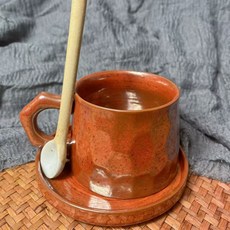 復古陶瓷窯變手工伴手禮粗陶馬克杯家用餐廳, 1個, 新寬底咖啡杯-帶勺(琥珀紅)310ml:310ml