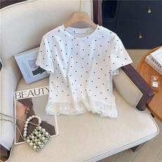 해피유통어린이 여름 라운드넥 반팔 도트 티셔츠 레이스 디자인 귀여운 캐주얼14세 이상 XG03
