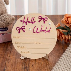우드 베이비 출생기록판 Hello World / 아기 밀스톤 촬영 소품 리본 장식, 1개, Magenta