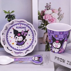 卡通庫洛米兒童餐具可愛家用耐摔防燙分格餐盤喫飯碗勺杯筷盤, 庫洛米【480ML】花朵碗+庫洛杯+造勺, 1個