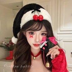 櫻桃聖誕帽 聖誕節黑色毛絨COS帽子 節日裝扮頭飾 拍照道具 日韓原創, 1個, 櫻桃黑色聖誕帽子