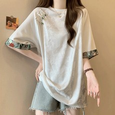 여성 반팔 새틴 블라우스 개량한복 여름 데일리 프린트 라운드넥 티셔츠 생활한복