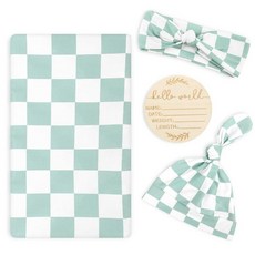 TANOFAR 여아 및 남아용 신생아 포대기 담요 4팩 매우 부드러운 속싸개 담요 어울리는 머리띠와 비니 세트 아기 아기방 랩 그린 체커보드 233989