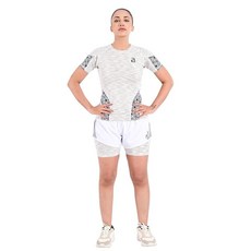 2BOLD 여성용 반소매 압박 주짓수 래쉬가드 셔츠 그래플링 투인원 빠른 건조 러닝 운동 체육관 반바지 2피스 세트 화이트. L 154926