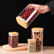 方形玻璃罐密封罐木蓋家用儲物罐透明瓶子罐子五穀雜糧收納儲物罐, 1個, 如圖