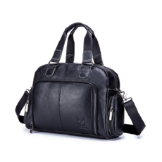 BULLCAPTAIN 真皮男士公事包 手提單肩斜挎包 大容量商務牛皮包, 047黑色/15寸