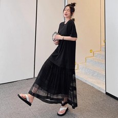 寬鬆顯瘦及踝長裙子 日系連衣裙, 黑色拼接裙【商場品質】,XL 120-160, 黑色