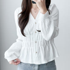 샤우라 하늘하늘한 브이넥 하객룩 셔링 긴팔 블라우스