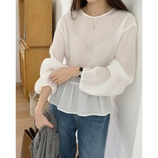 [55~77사이즈]여성 시스루 레이어드 블라우스 하객룩 러블리 루즈핏 드뮤어룩 빅사이즈 레이어드블라우스